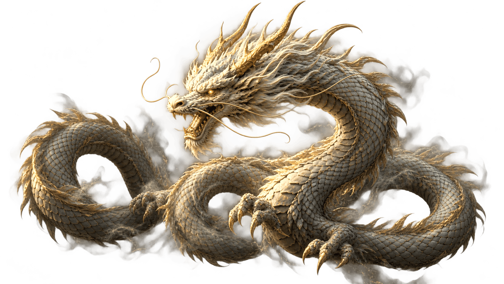 A silver-white Asian dragon coiled among clouds
