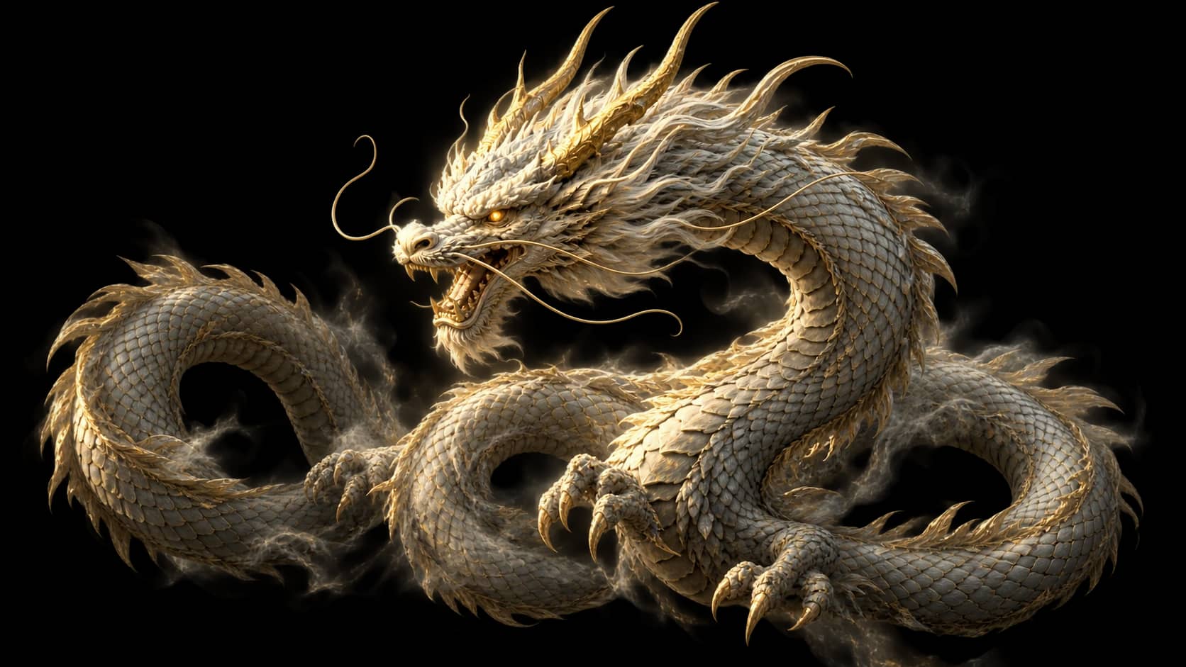 A silver-white Asian dragon coiled among clouds