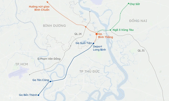 Hướng tuyến phương án metro từ TP HCM đi Đồng Nai (màu xanh) trước đây. Đồ họa: Khánh Hoàng