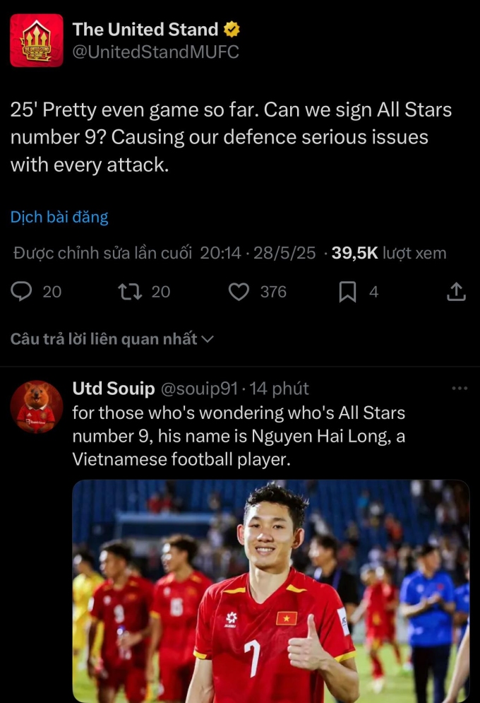 Hai Long được nhắc đến trên một số fanpage của Man Utd.