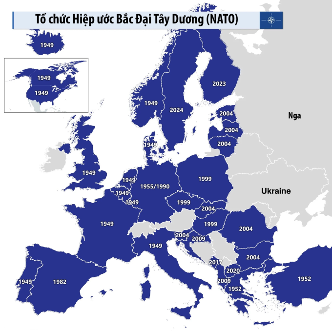 Vị trí Nga, Ukraine và các nước thành viên NATO cùng năm gia nhập. Đồ họa: NWEGEO