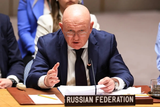 Đại sứ Nga tại Liên Hợp Quốc Vasily Nebenzya phát biểu ngày 29/4. Ảnh: AFP