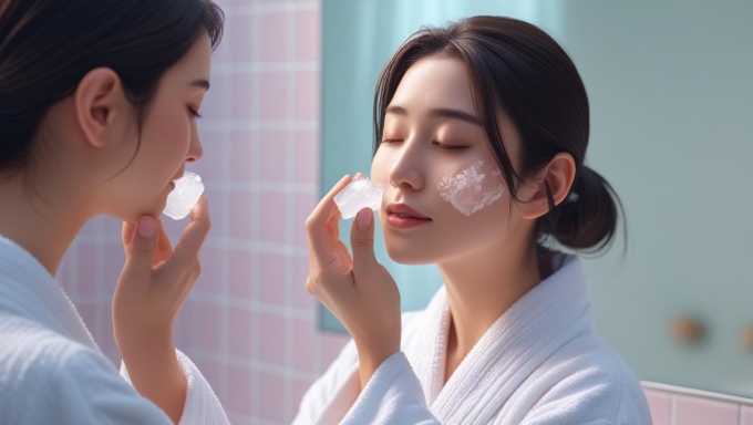 Chườm đá lên da mặt và massage theo đường tròn không quá 2 phút. Ảnh: Được tạo bởi AI