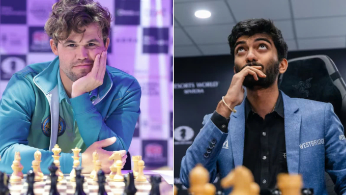 Magnus Carlsen (trái) và Gukesh Dommaraju. Ảnh: MoneyControl