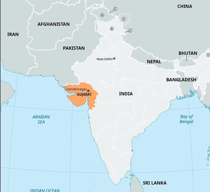 Vị trí bang Gujarat của Ấn Độ (màu cam). Đồ họa: Britannica