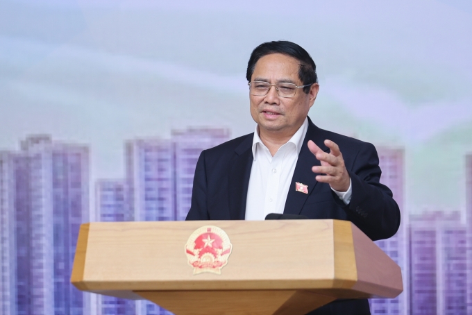Thủ tướng Phạm Minh Chính phát biểu tại cuộc họp về thị trường bất động sản, ngày 24/5. Ảnh: VGP