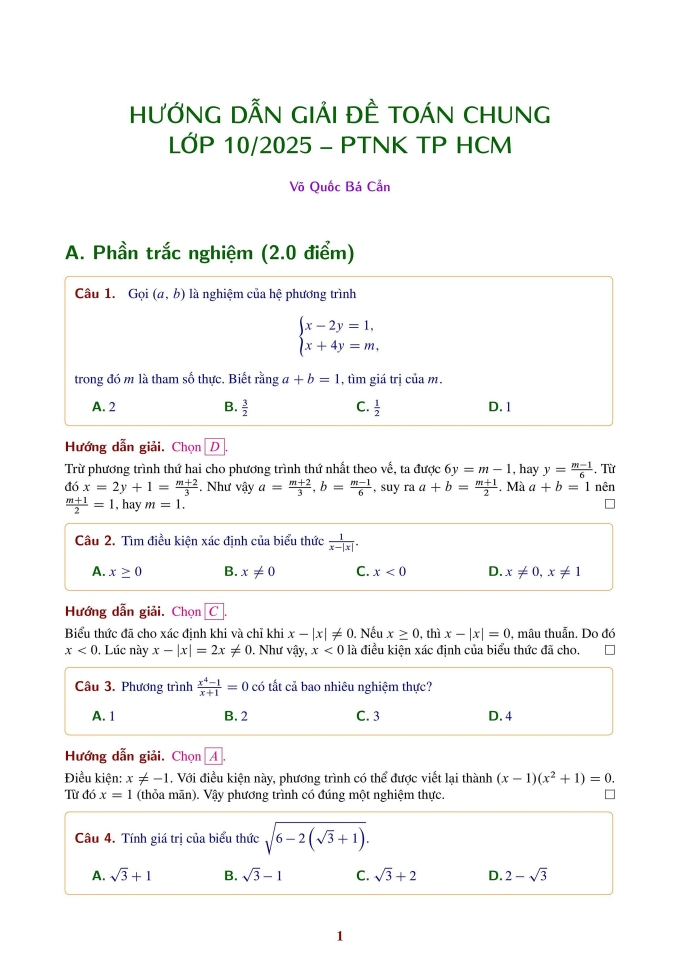 Lời giải đề Toán chung vào lớp 10 trường Phổ thông Năng khiếu