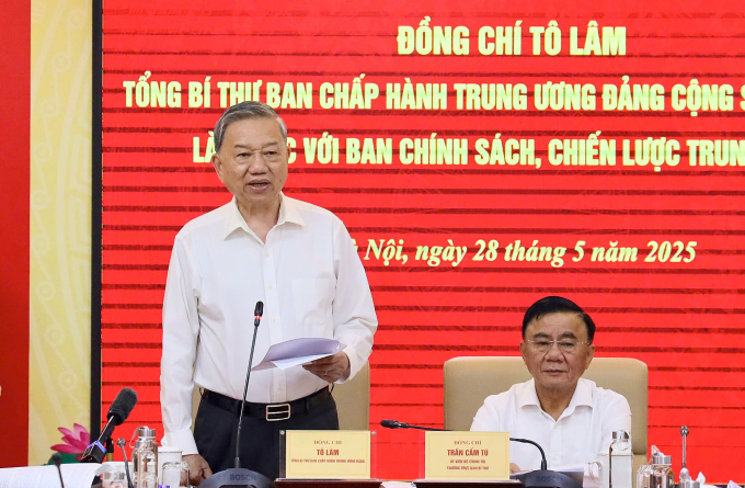 Tổng Bí thư Tô Lâm phát biểu tại cuộc họp, ngày 28/5. Ảnh: Ban Chính sách, chiến lược Trung ương