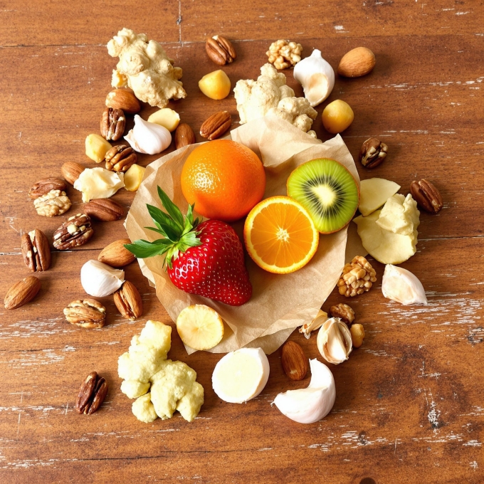 Cam, quýt, kiwi, các loại hạt, gừng, tỏi... chứa nhiều chất dinh dưỡng tốt cho sức khỏe. Ảnh: Bảo Trần