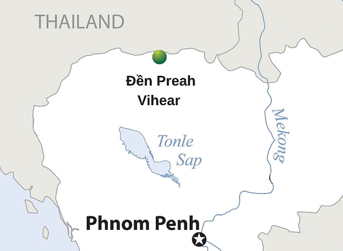 Vị trí đền Preah Vihear ở biên giới Thái Lan - Campuchia. Đồ họa: ReliefWeb