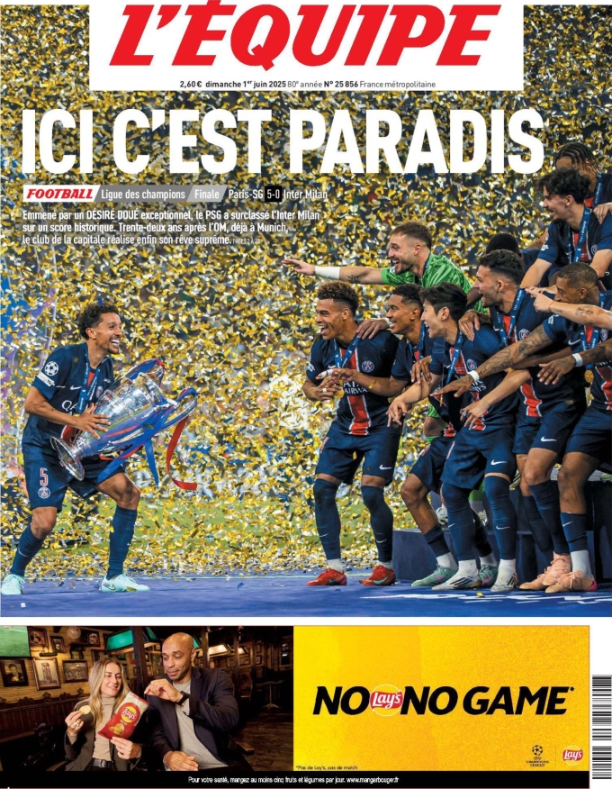 Trang bìa của tờ L’Equipe nói về chức vô địch của PSG.
