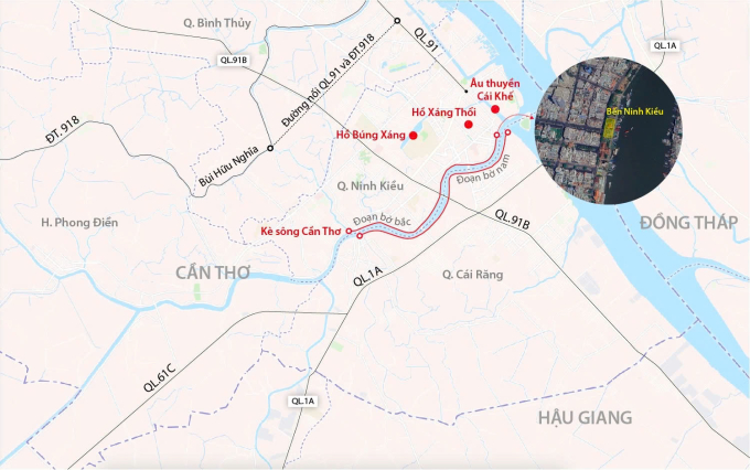 Khu vực bến Ninh Kiều có nhiều công trình chống ngập nhưng vẫn ngập khi mưa. Đồ họa: Đăng Hiếu