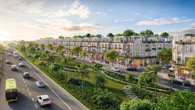Dãy shophouse của khu đô thị Quy Nhơn Iconic sở hữu mặt tiền quốc lộ 19, tiềm năng vừa kinh doanh, ở, cho thuê. Ảnh: Realty Holdings