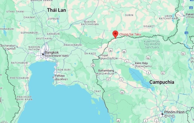 Vị trí cửa khẩu Chong Sai Taku ở biên giới Thái Lan - Campuchia. Đồ họa: Google Maps