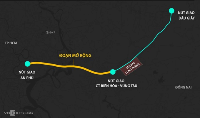 Đoạn cao tốc TP HCM - Long Thành dài 21 km cần được mở rộng. Đồ họa:Thanh Huyền