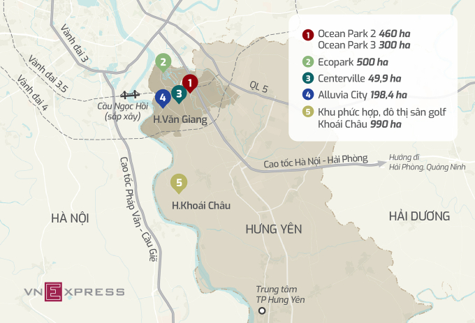 Các dự án lớn tại Hưng Yên, khu1 và 2 đã hình thành, khu 3, 4, 5 đang triển khai. Đồ hoạ: Anh Tú