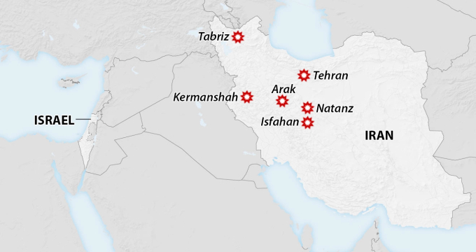 Các khu vực xảy ra nổ lớn ở Iran rạng sáng 13/6. Đồ họa: CNN