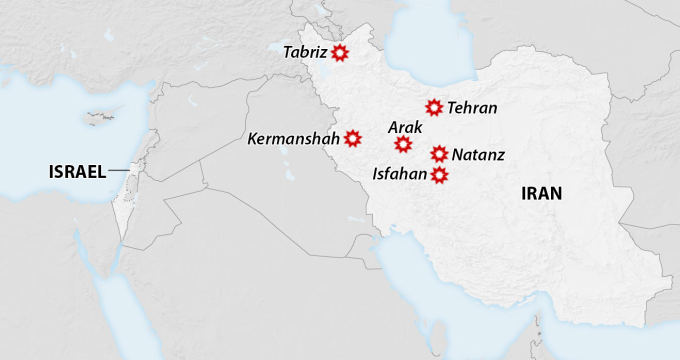Các khu vực xảy ra nổ lớn ở Iran rạng sáng 13/6. Đồ họa: CNN