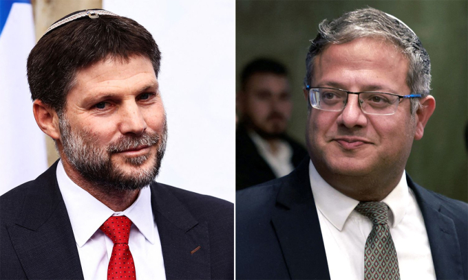 Bộ trưởng Tài chính Israel Bezalel Smotrich (trái) và Bộ trưởng An ninh Quốc gia Itamar Ben Gvir (phải). Ảnh: Reuters