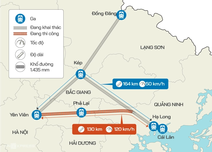 Bản đồ tuyến đường sắt Yên Viên - Cái Lân (màu đỏ) đang bị đình hoãn. Đồ họa:Tiến Thành