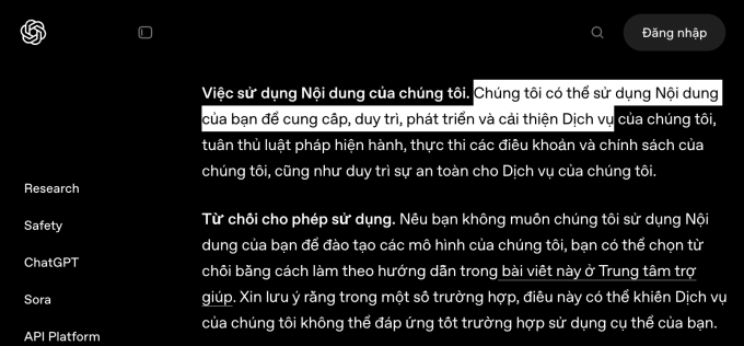 Điều khoản sử dụng ChatGPT với điều khoản sử dụng nội dung của người dùng. Ảnh chụp màn hình