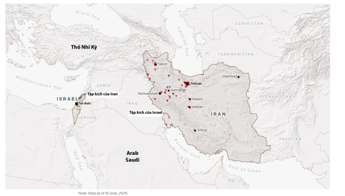 Vị trí các cuộc tập kích qua lại giữa Israel và Iran. Đồ họa: Reuters