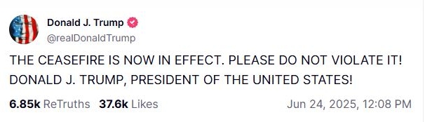 Tổng thống Donald Trump thông báo lệnh ngừng bắn Israel - Iran có hiệu lực. Ảnh: TruthSocial/realDonaldTrump