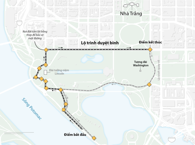 Lộ trình cuộc duyệt binh trong lễ kỷ niệm 250 ngày thành lập lục quân Mỹ ở Washington hôm 14/6. Đồ họa: CNN