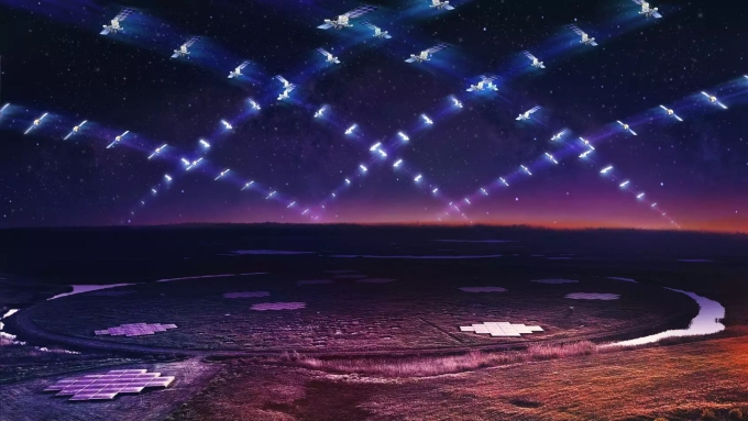 Mô phỏng mạng lưới vệ tinh Starlink bay phía trên kính viễn vọng vô tuyến LOFAR. Ảnh: Danielle Futselaar/artsource.nl