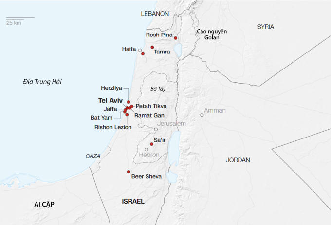 Vị trí các khu vực tại Israel bị Iran tập kích từ hôm 13/6. Đồ họa: CNN