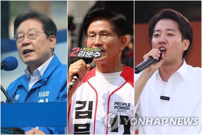 This compilation image shows Democratic Party presidential candidate Lee Jae-myung (L), People Power Party presidential candidate Kim Moon-soo (C) and New Reform Party presidential candidate Lee Jun-seok. (Yonhap)
