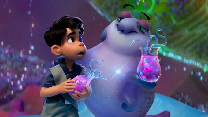 Cảnh Elio và sinh vật ngoài hành tinh thưởng thức đồ uống Glorp. Ảnh: Pixar