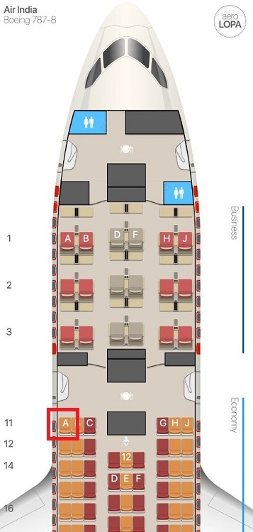 Vị trí ghế 11A (khoanh đỏ) trên máy bay Boeing 787-8 của Air India. Đồ họa: AeroLopa