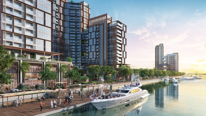 Bến thủy nội khu ngay dưới chân các tòa tháp. Ảnh phối cảnh minh họa Sun Property