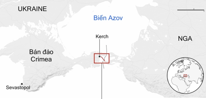 Vị trí cầu Crimea (màu đỏ). Đồ họa: Guardian