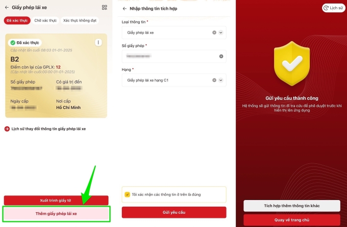 Các bước cập nhật giấy phép lái xe trên VneID nếu ứng dụng không hiển thị sau khi nộp đơn cấp đổi hợp lệ. Ảnh chụp màn hình