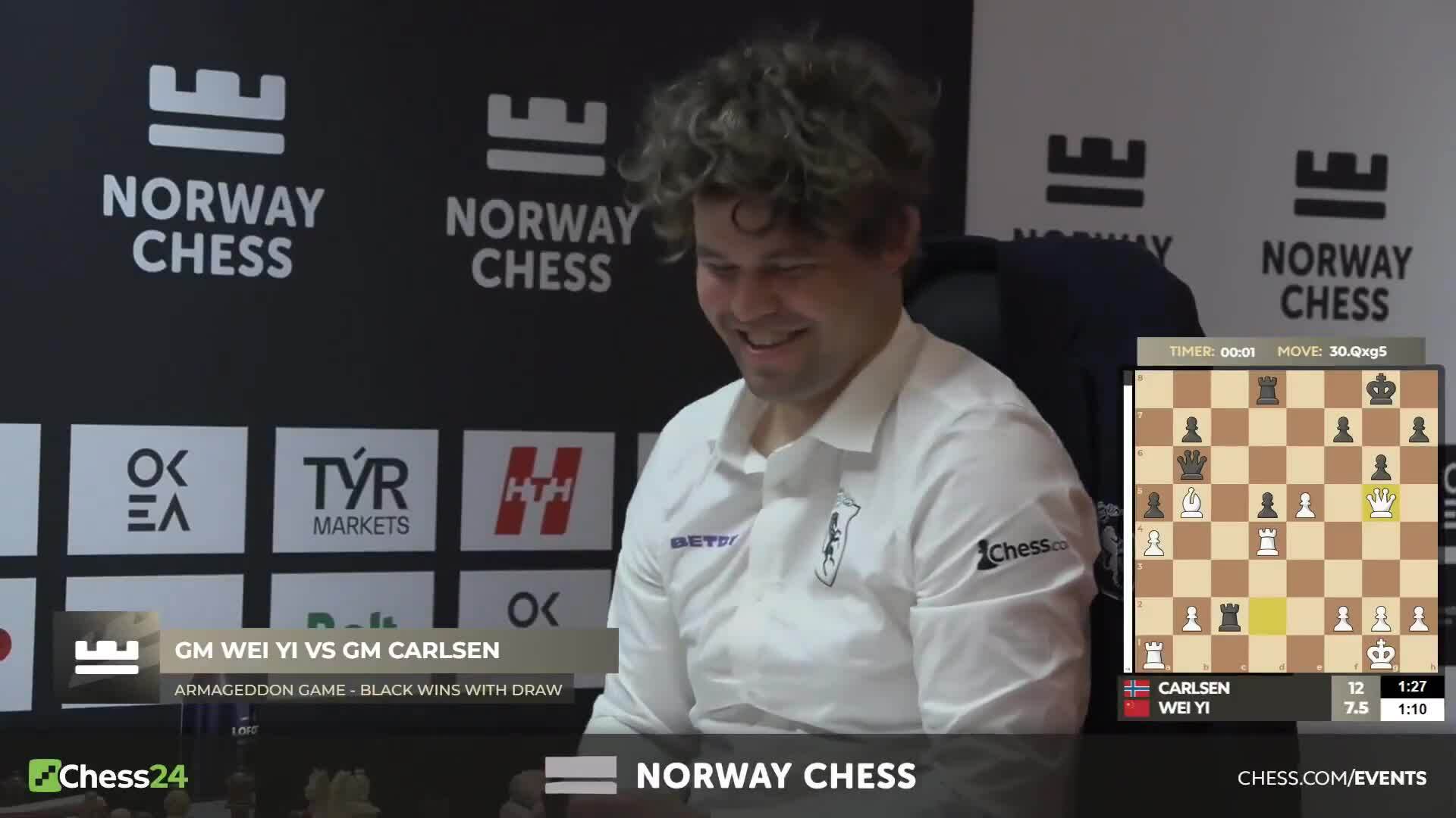 Carlsen bật cười khi mất không mã ở siêu giải Na Uy