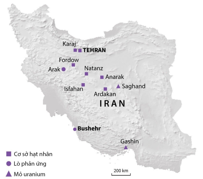 Vị trí một số cơ sở hạt nhân của Iran. Đồ họa: AFP