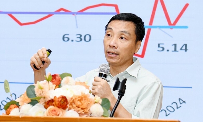 PGS.TS Phạm Thế Anh, Đại học Kinh tế Quốc dân, trình bày báo cáo tại toạ đàm, ngày 3/6. Ảnh: Phương Linh