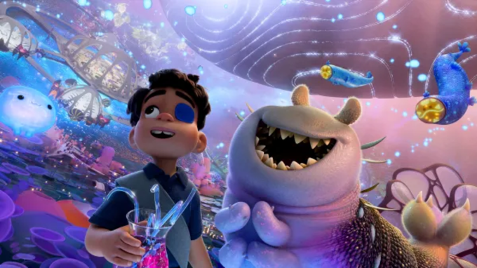 Cảnh phim Elio và Glordon ở hội đồng liên hành tinh Communiverse. Ảnh: Pixar
