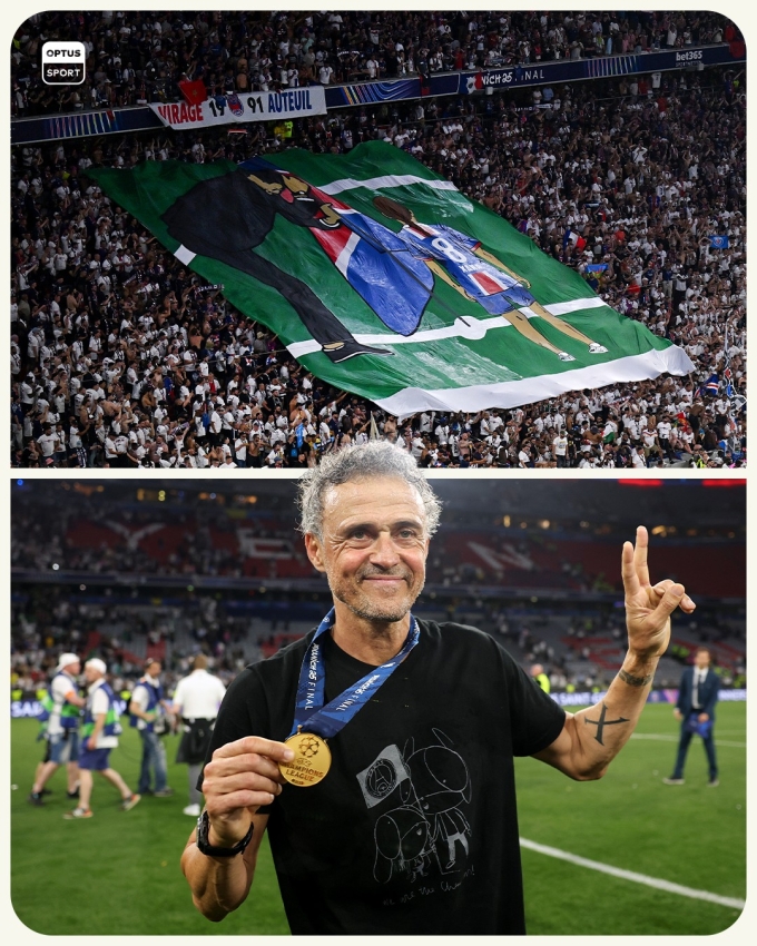 HLV Luis Enrique mặc áo tri ân Xana (dưới) và bức mô tả Enrique đang cắm cờ PSG xuống sân cùng cô con gái yểu mệnh (trên).