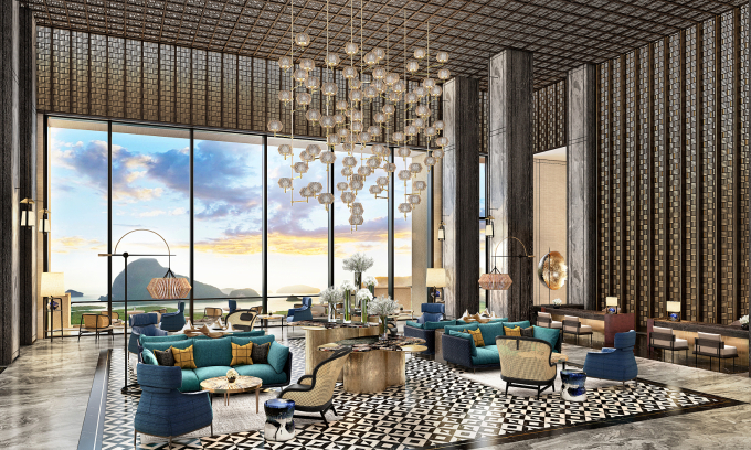 Sảnh khách sạn nhìn ra Vịnh Hạ Long của InterContinental Halong Bay Resort. Ảnh công ty cung cấp