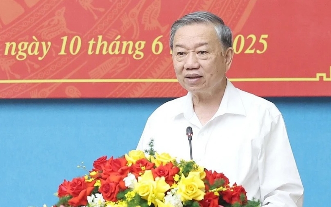 Tổng Bí thư Tô Lâm phát biểu tại buổi làm việc với Ban Thường vụ Tỉnh ủy Phú Thọ, Vĩnh Phúc, Hòa Bình, sáng 10/6. Ảnh: TTXVN