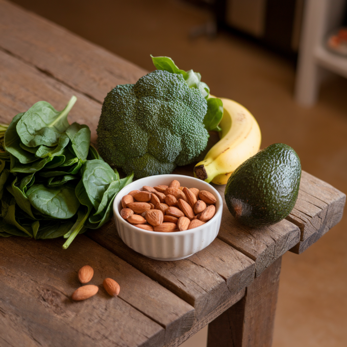 Các loại rau lá xanh, các loại hạt, chuối, bơ... chứa nhiều vitamin có thể giảm đau mỏi vai gáy. Ảnh: Bảo Trần