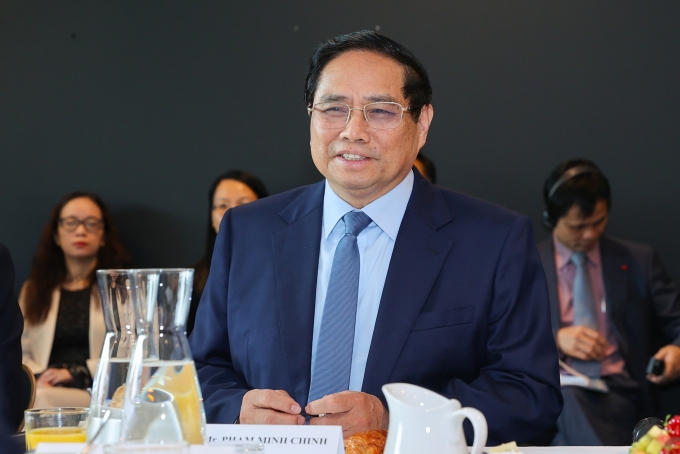 Thủ tướng Phạm Minh Chính phát biểu tại cuộc gặp với đại diện các doanh nghiệp Thuỵ Điển, ngày 12/6. Ảnh: VGP