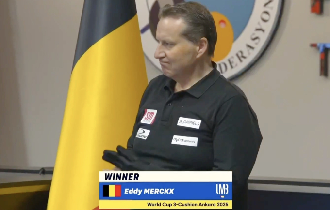 Eddy Merkx vô địch World Cup billiards 3C Ankara 2025, sau khi thắng Quyết Chiến 50-40, tối 15/6.