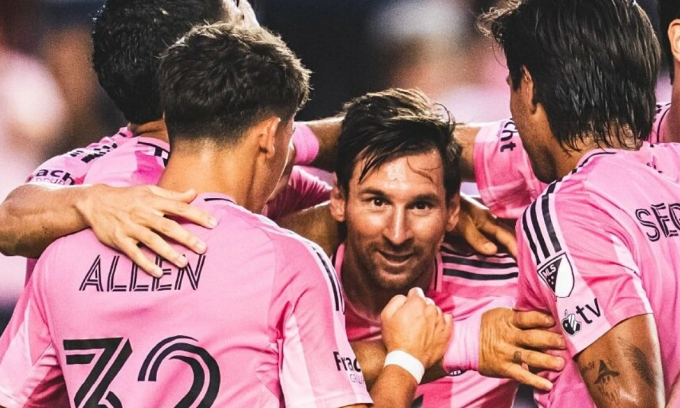 Messi mừng bàn mở tỷ số trong trận Inter Miami thắng Montreal 4-2 ở vòng 22 MLS 2025 ngày 29/5/2025. Ảnh: IMCF