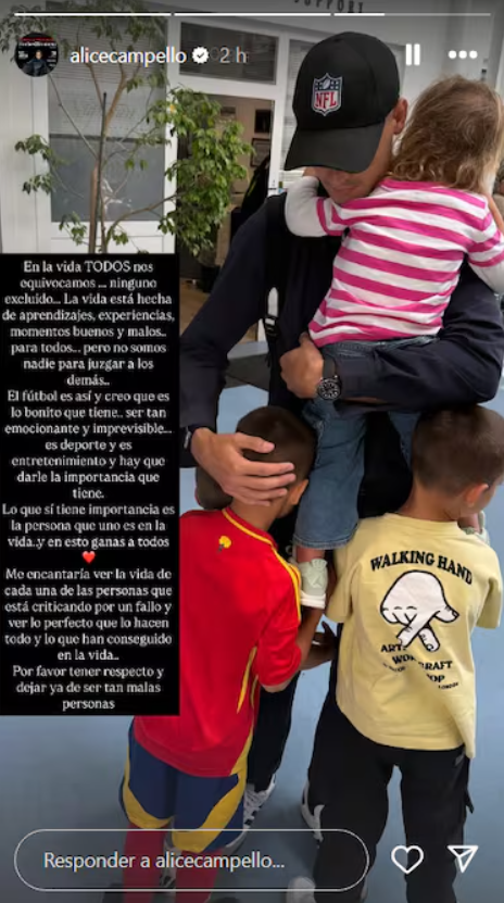 Alice Campello đăng ảnh bảo vệ chồng Alvaro Morata trên Instagram Story ngày 9/6. Ảnh: Instagram / Alice Campello