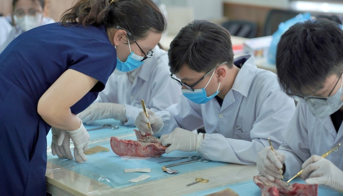 Sinh viên khoa Răng Hàm Mặt, trường Đại học Y Dược trong một workshop về phẫu thuật trong miệng hồi tháng 5. Ảnh: Fanpage LCĐ khoa Răng Hàm Mặt