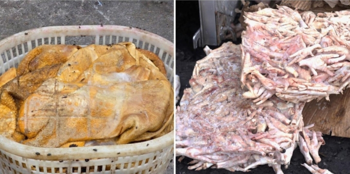 Mực, chân gà và sách bò đều đã biến đổi màu sắc. Ảnh: Công an cung cấp